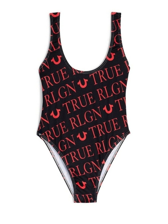 True Religion Tops - True Religion Black One-Piece Bodysuit with Red Logo Print